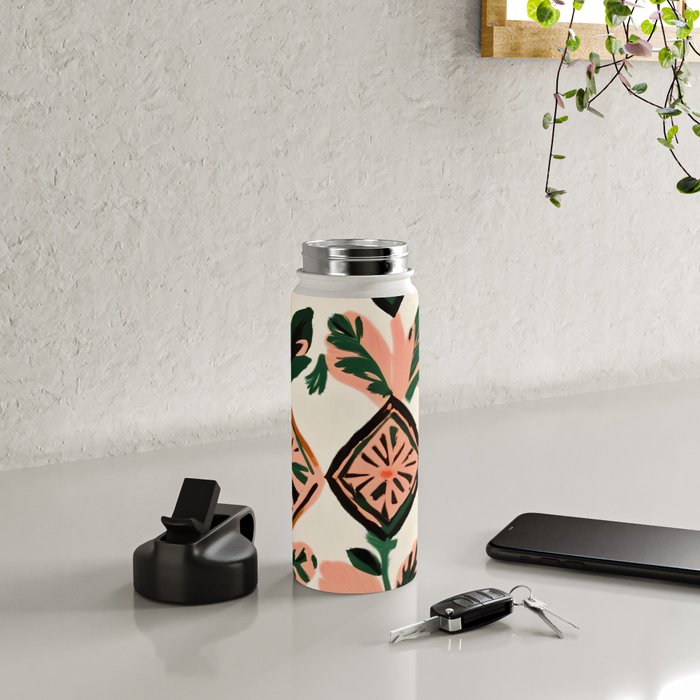 Tiles & Botanicals, Nature Plants Pastel Moroccan Painting, Bohemian Chic Geometric Vintage Illustration Water Bottle Gallery Image 4