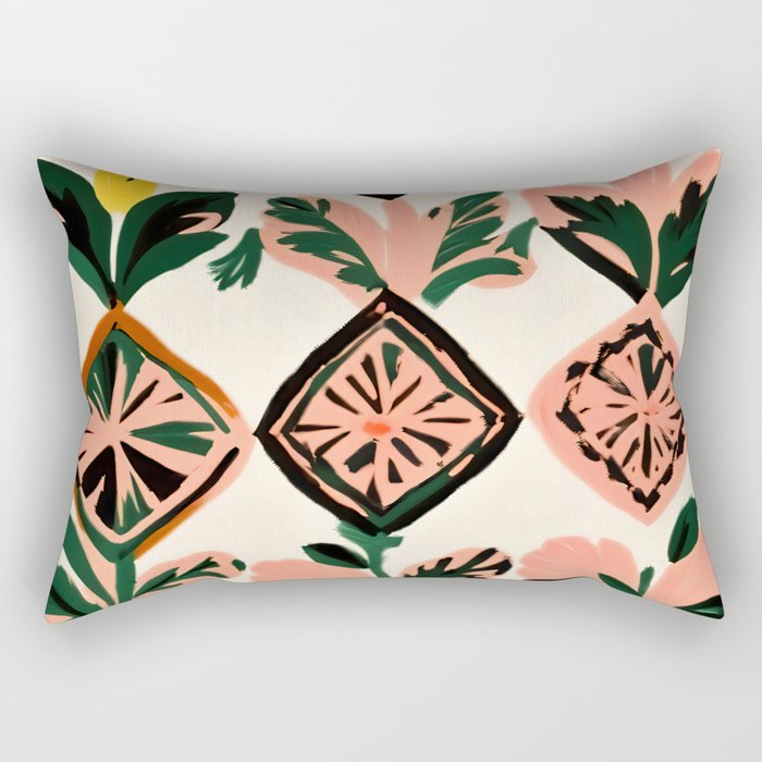 Tiles & Botanicals, Nature Plants Pastel Moroccan Painting, Bohemian Chic Geometric Vintage Illustration Rectangular Pillow Gallery Image 2