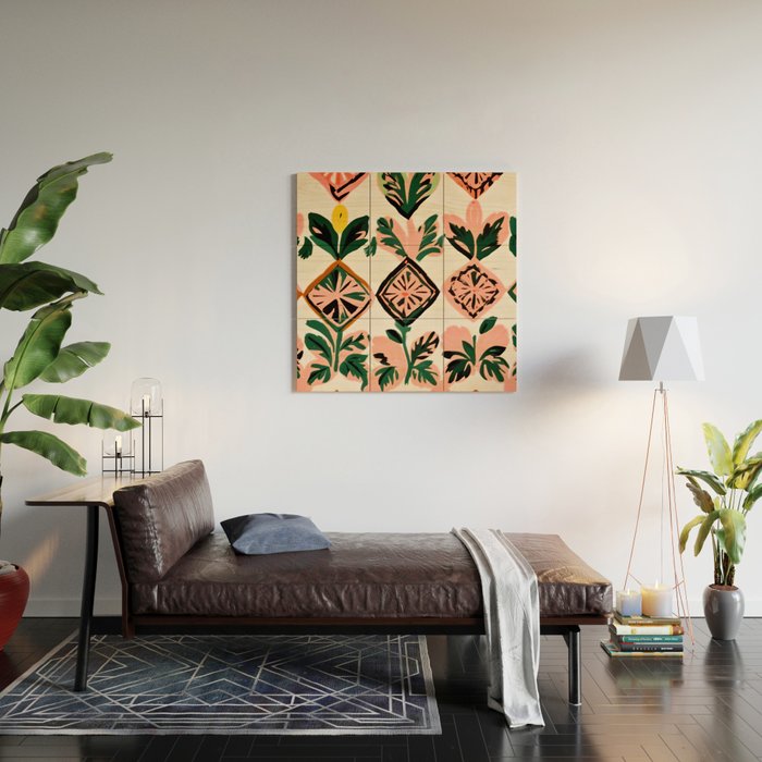 Tiles & Botanicals, Nature Plants Pastel Moroccan Painting, Bohemian Chic Geometric Vintage Illustration Wood Wall Art Gallery Image 2