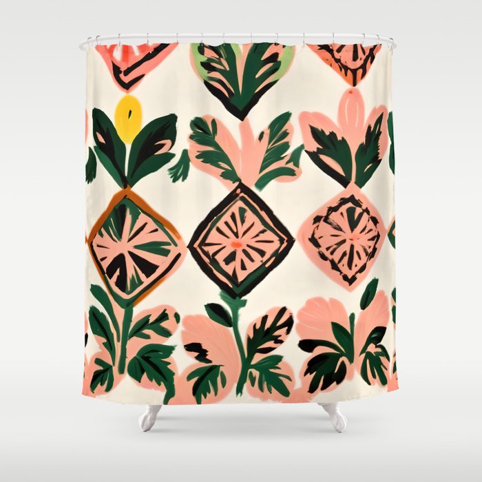 Tiles & Botanicals, Nature Plants Pastel Moroccan Painting, Bohemian Chic Geometric Vintage Illustration Shower Curtain Gallery Image 1