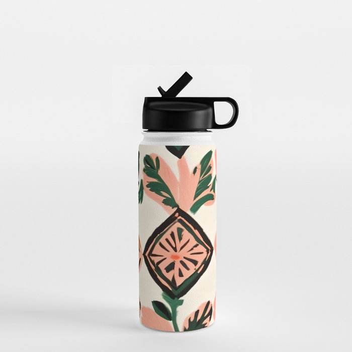 Tiles & Botanicals, Nature Plants Pastel Moroccan Painting, Bohemian Chic Geometric Vintage Illustration Water Bottle Gallery Image 1