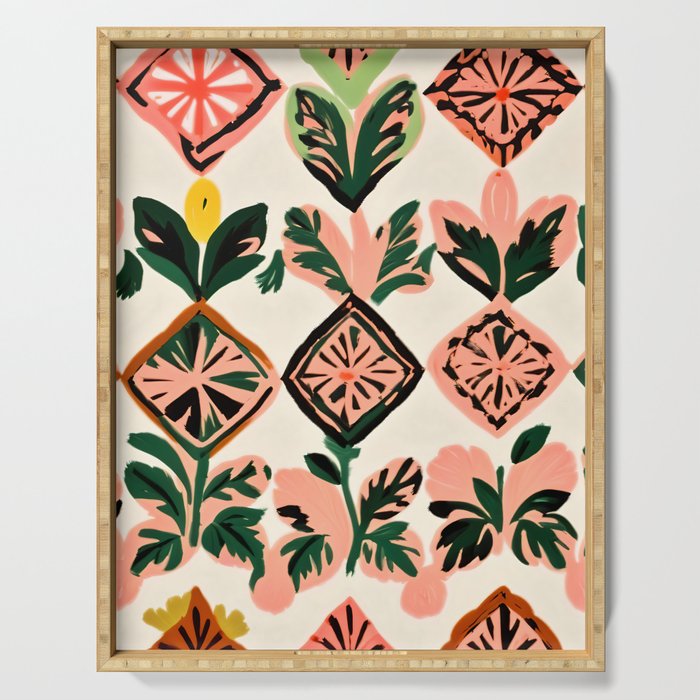 Tiles & Botanicals, Nature Plants Pastel Moroccan Painting, Bohemian Chic Geometric Vintage Illustration Serving Tray Gallery Image 1
