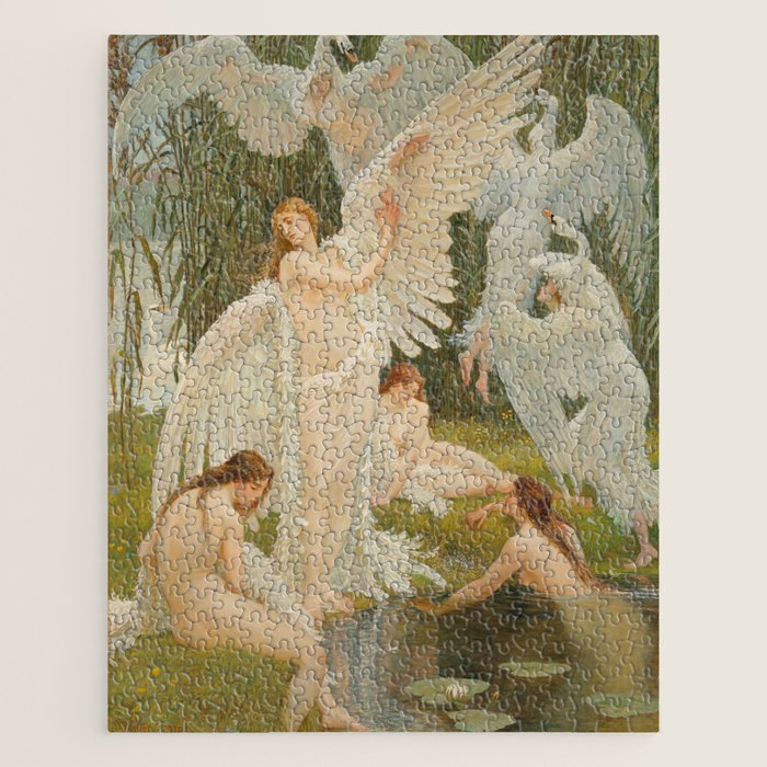 White Swans and the Maidens angelic garden landscape painting by Walter Crane  Jigsaw Puzzle Gallery Image 1