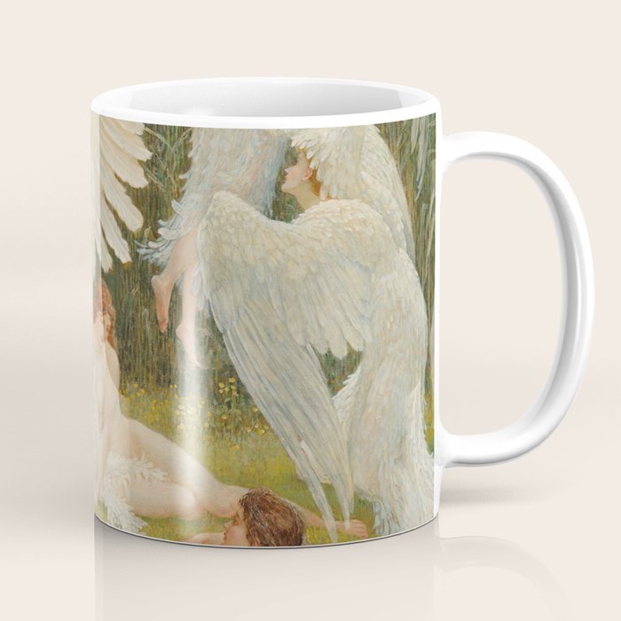 White Swans and the Maidens angelic garden landscape painting by Walter Crane  Coffee Mug Gallery Image 1