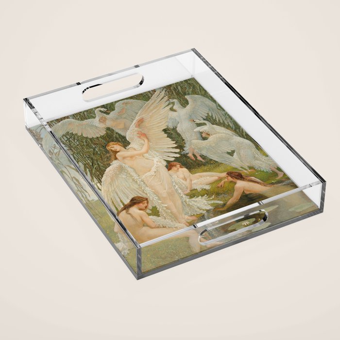 White Swans and the Maidens angelic garden landscape painting by Walter Crane  Acrylic Tray Gallery Image 1