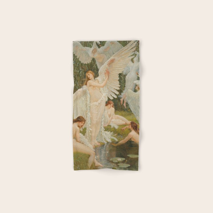 White Swans and the Maidens angelic garden landscape painting by Walter Crane  Bath Towel Gallery Image 1