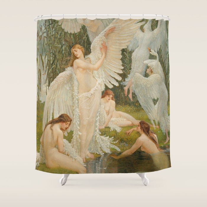 White Swans and the Maidens angelic garden landscape painting by Walter Crane  Shower Curtain Gallery Image 1