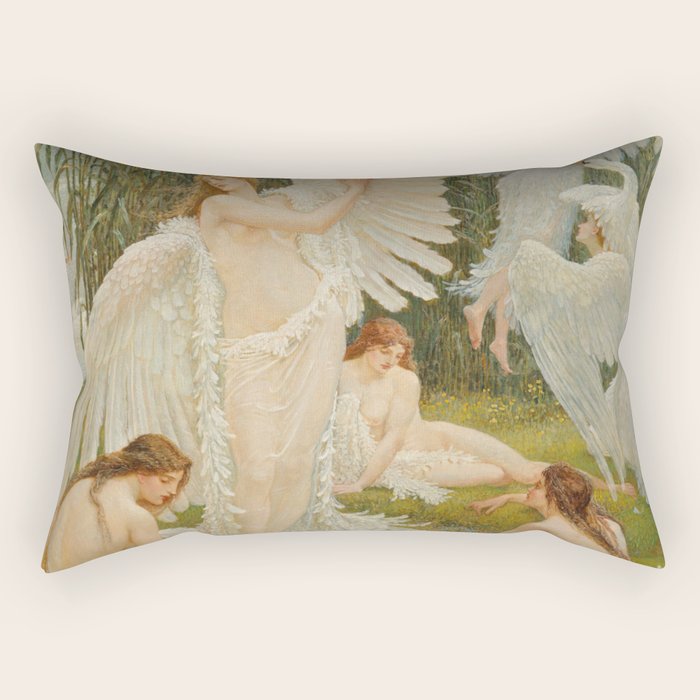 White Swans and the Maidens angelic garden landscape painting by Walter Crane  Rectangular Pillow Gallery Image 1