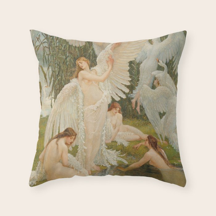 White Swans and the Maidens angelic garden landscape painting by Walter Crane  Throw Pillow Gallery Image 6