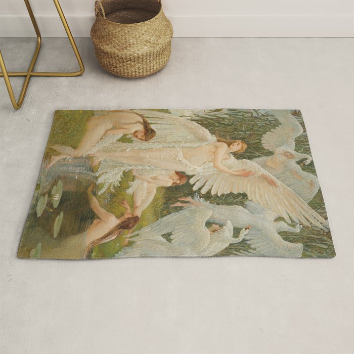 White Swans and the Maidens angelic garden landscape painting by Walter Crane  Rug Gallery Image 1