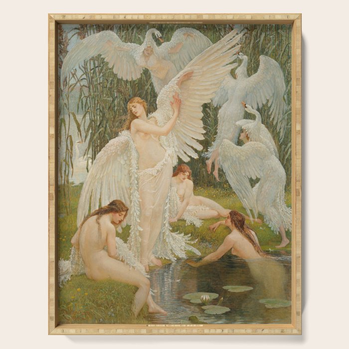 White Swans and the Maidens angelic garden landscape painting by Walter Crane  Serving Tray Gallery Image 1