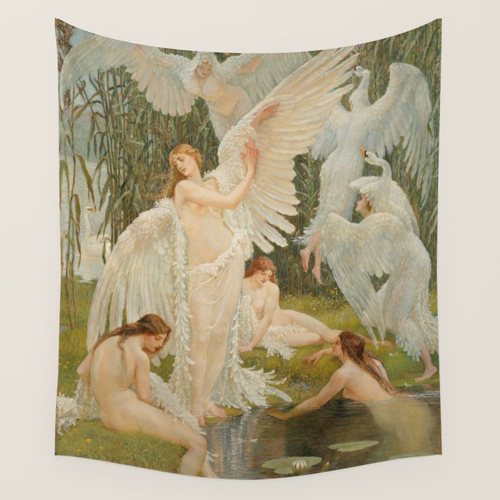 White Swans and the Maidens angelic garden landscape painting by Walter Crane  Wall Tapestry Gallery Image 1