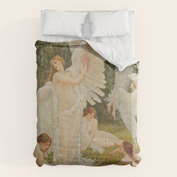 White Swans and the Maidens angelic garden landscape painting by Walter Crane  Comforter Gallery Image 1
