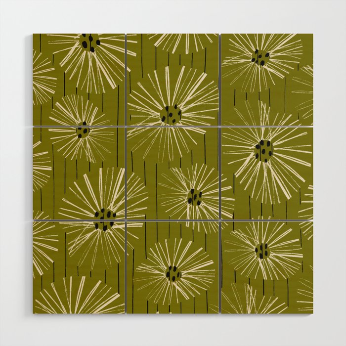 Retro Daisies: Musk Green Edition Wood Wall Art Gallery Image 1