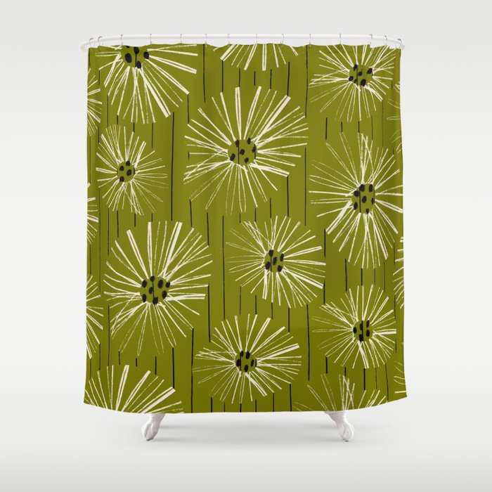 Retro Daisies: Musk Green Edition Shower Curtain Gallery Image 1