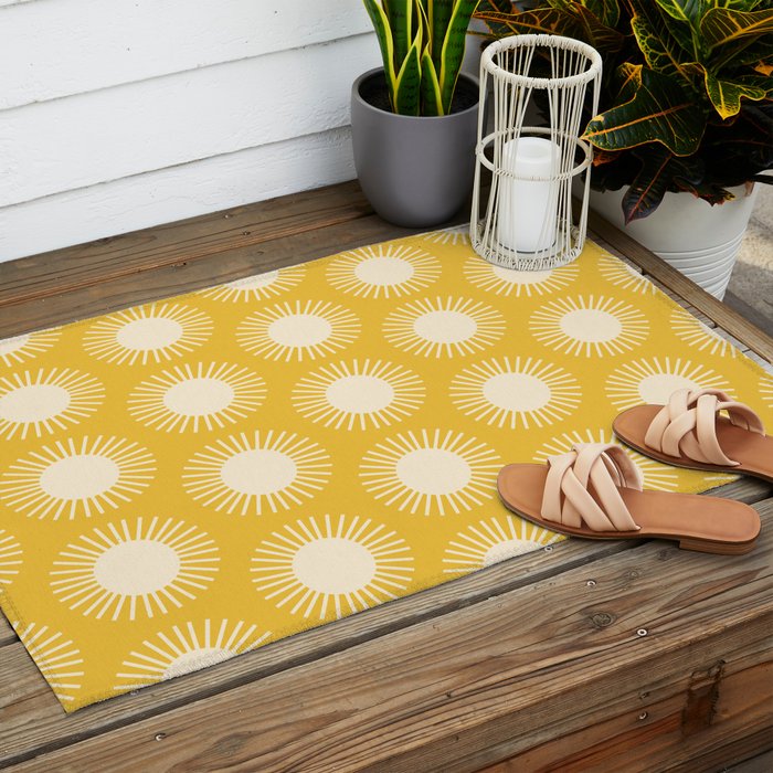 Boho Summer Sun Pattern IV Bright Yellow Outdoor Rug Gallery Image 2