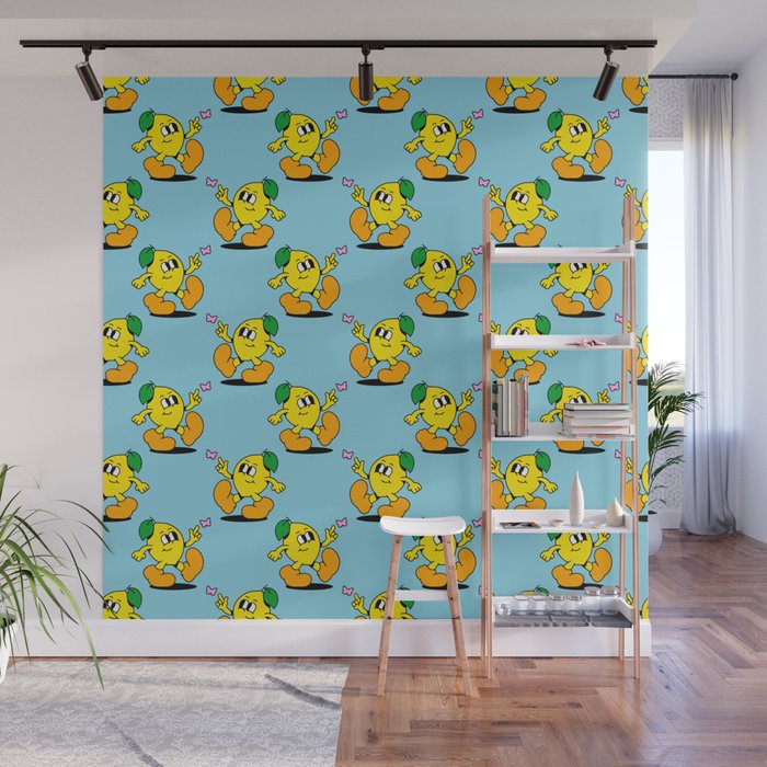 Funny retro lemon cartoon character pattern Wall Mural Gallery Image 1