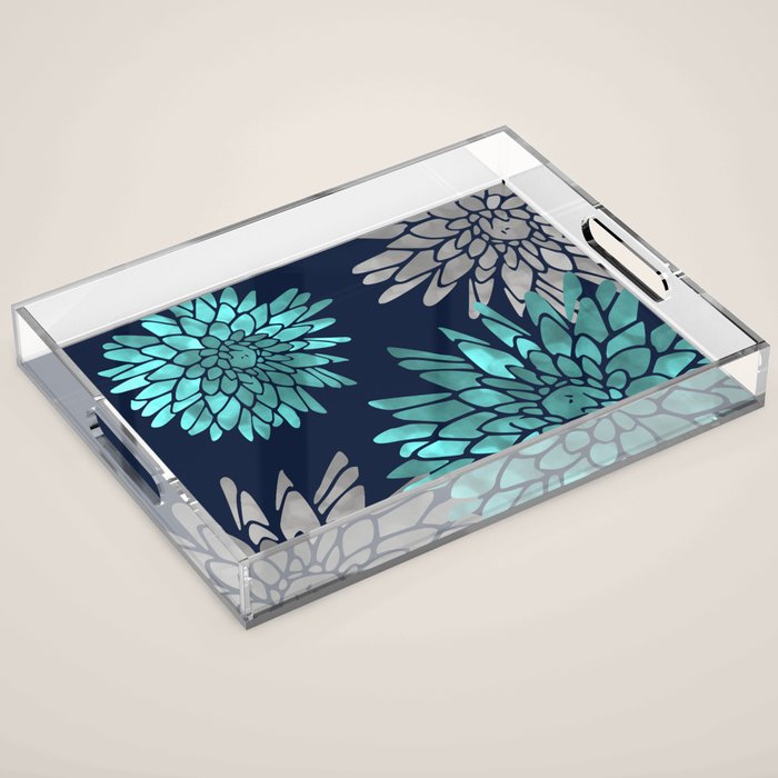 Floral Chrysanthemum Modern Navy Aqua Acrylic Tray Gallery Image 1
