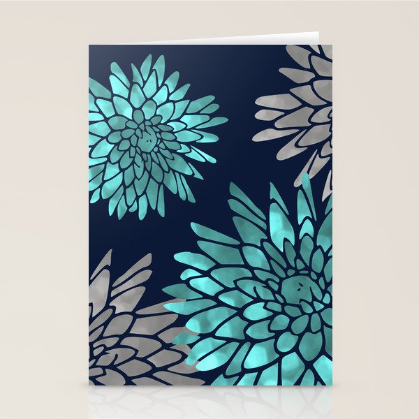 Floral Chrysanthemum Modern Navy Aqua Stationery Card Gallery Image 2