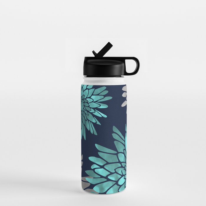 Floral Chrysanthemum Modern Navy Aqua Water Bottle Gallery Image 1