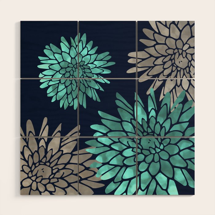 Floral Chrysanthemum Modern Navy Aqua Wood Wall Art Gallery Image 1