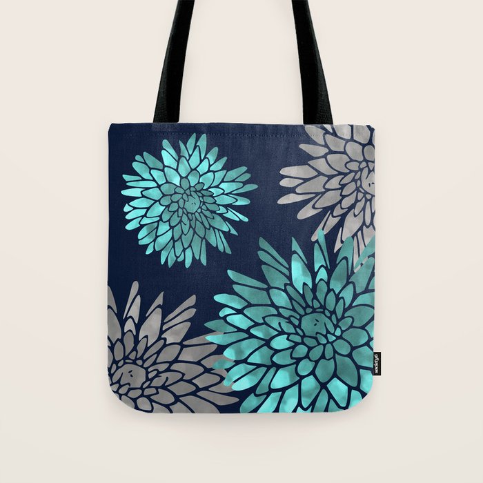 Floral Chrysanthemum Modern Navy Aqua Tote Bag Gallery Image 1