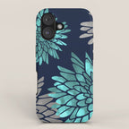Floral Chrysanthemum Modern Navy Aqua iPhone Case Gallery Image 1