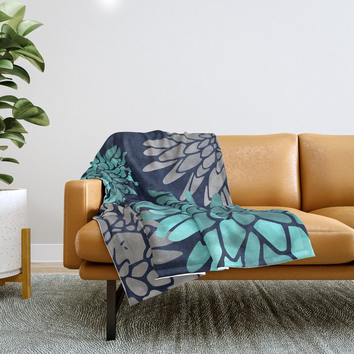 Floral Chrysanthemum Modern Navy Aqua Throw Blanket Gallery Image 1