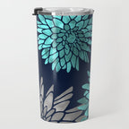 Floral Chrysanthemum Modern Navy Aqua Travel Mug Gallery Image 3