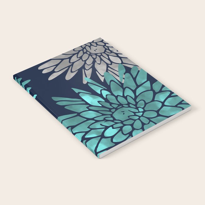 Floral Chrysanthemum Modern Navy Aqua Notebook Gallery Image 2