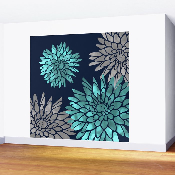 Floral Chrysanthemum Modern Navy Aqua Wall Mural Gallery Image 2