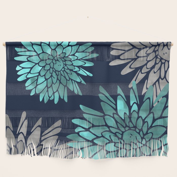 Floral Chrysanthemum Modern Navy Aqua Wall Hanging Gallery Image 1