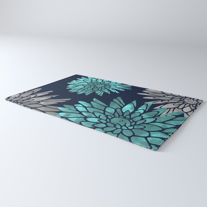 Floral Chrysanthemum Modern Navy Aqua Rug Gallery Image 3
