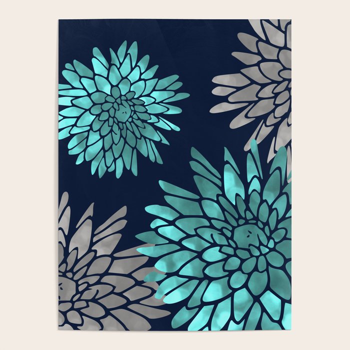 Floral Chrysanthemum Modern Navy Aqua Poster Gallery Image 4