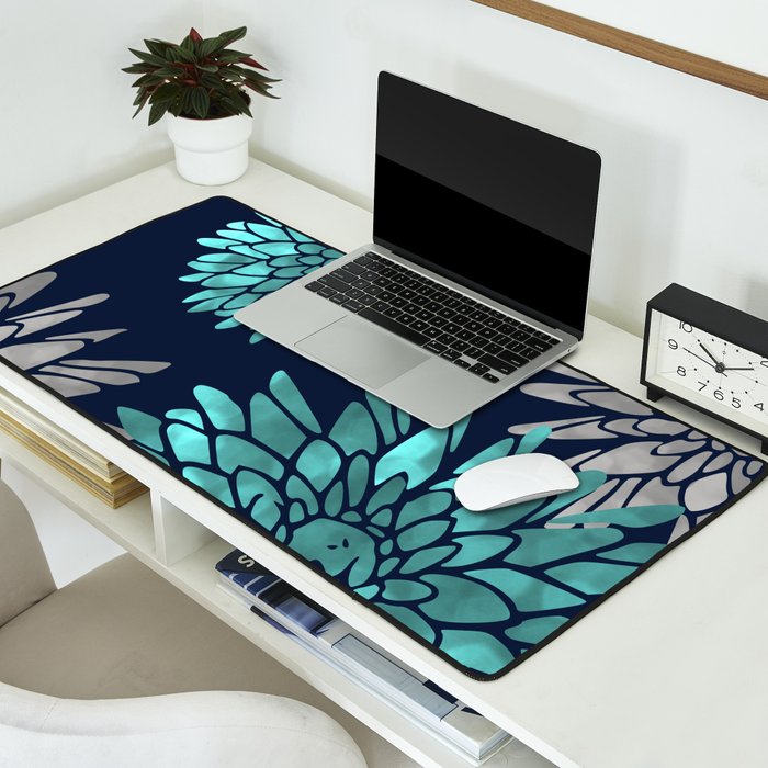 Floral Chrysanthemum Modern Navy Aqua Desk Mat Gallery Image 2