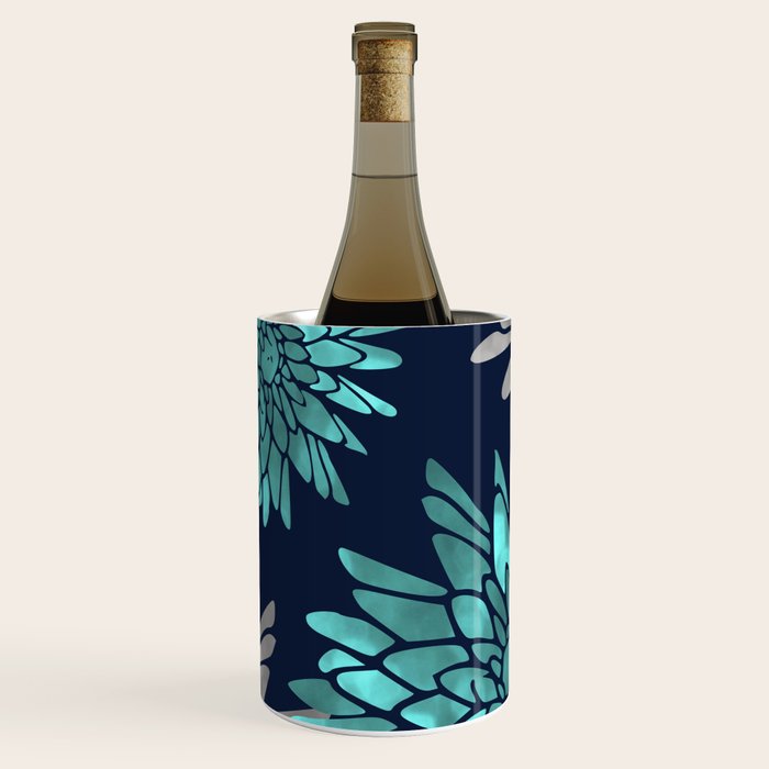 Floral Chrysanthemum Modern Navy Aqua Wine Chiller Gallery Image 1