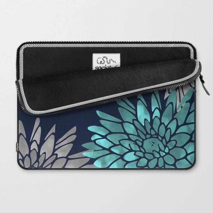 Floral Chrysanthemum Modern Navy Aqua Laptop Sleeve Gallery Image 2