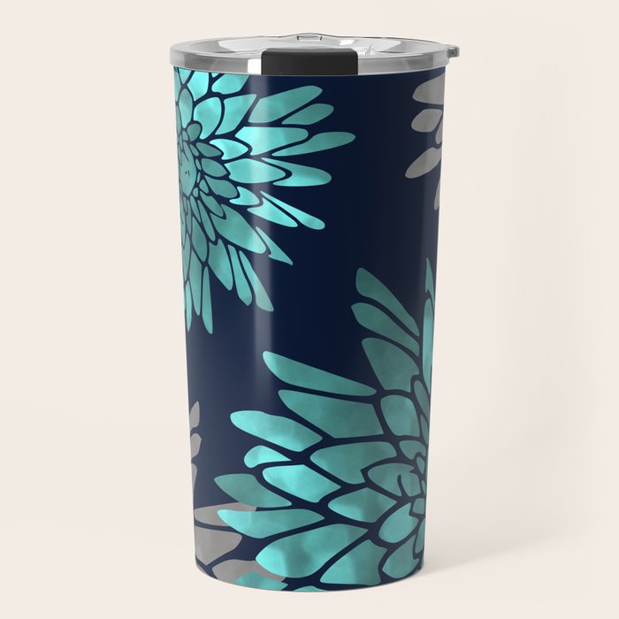 Floral Chrysanthemum Modern Navy Aqua Travel Mug Gallery Image 1