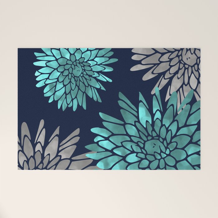 Floral Chrysanthemum Modern Navy Aqua Welcome Mat Gallery Image 1