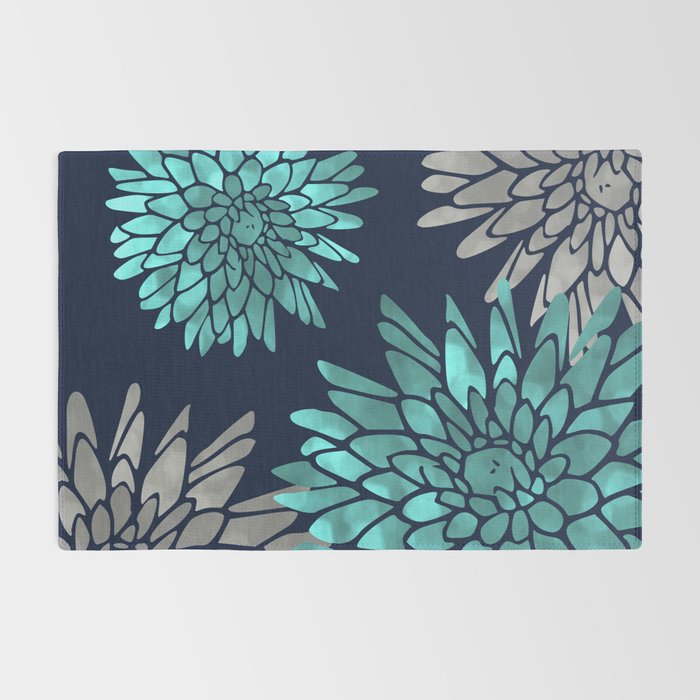 Floral Chrysanthemum Modern Navy Aqua Rug Gallery Image 2