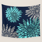 Floral Chrysanthemum Modern Navy Aqua Wall Tapestry Gallery Image 4