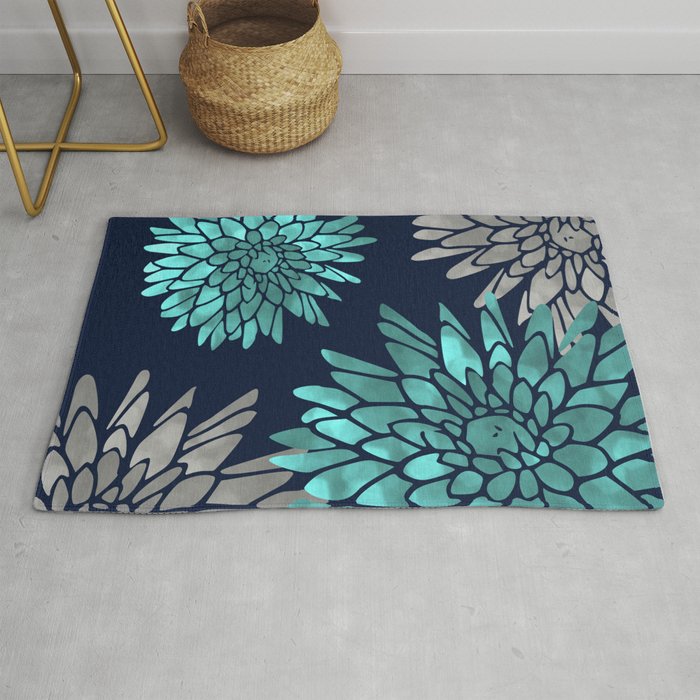 Floral Chrysanthemum Modern Navy Aqua Rug Gallery Image 1