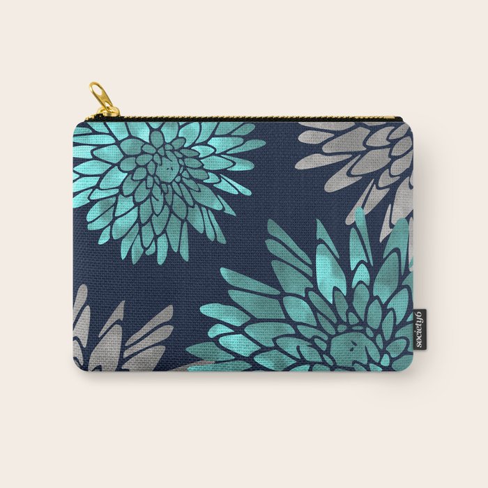 Floral Chrysanthemum Modern Navy Aqua Carry All Pouch Gallery Image 1