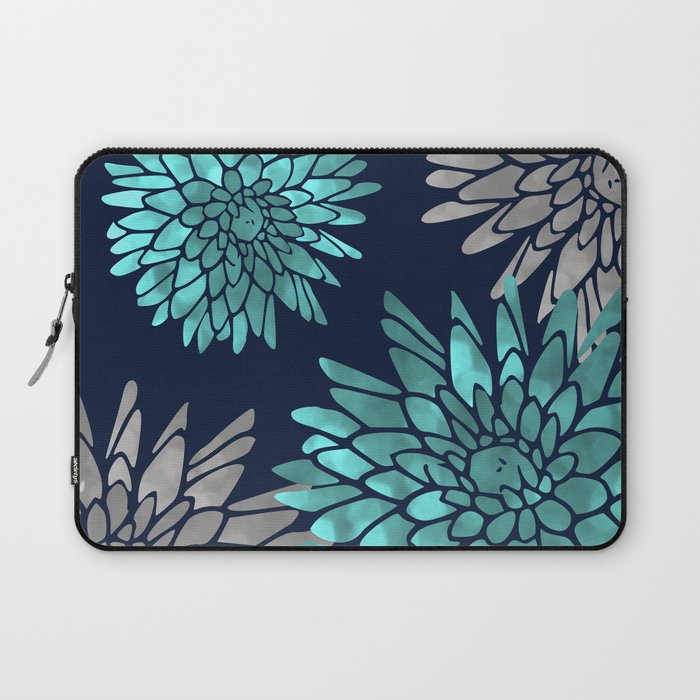 Floral Chrysanthemum Modern Navy Aqua Laptop Sleeve Gallery Image 1