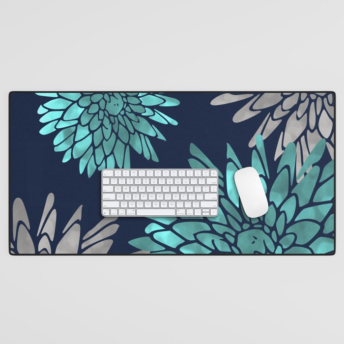 Floral Chrysanthemum Modern Navy Aqua Desk Mat Gallery Image 1