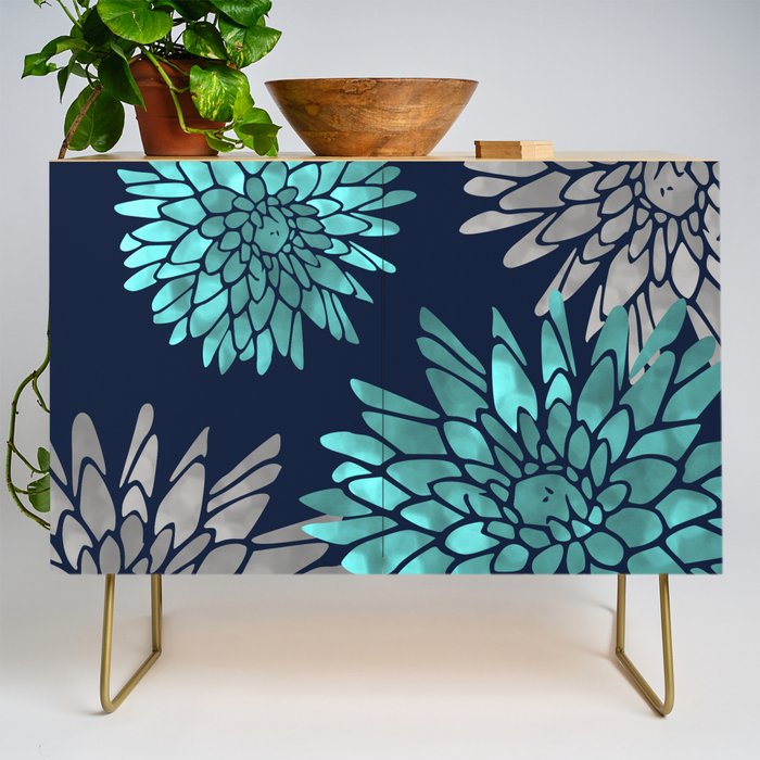 Floral Chrysanthemum Modern Navy Aqua Credenza Gallery Image 1