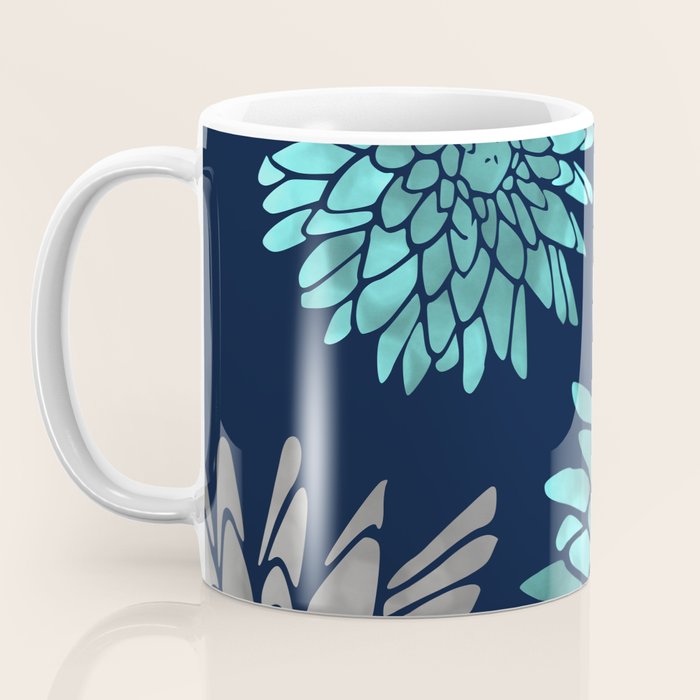 Floral Chrysanthemum Modern Navy Aqua Coffee Mug Gallery Image 3