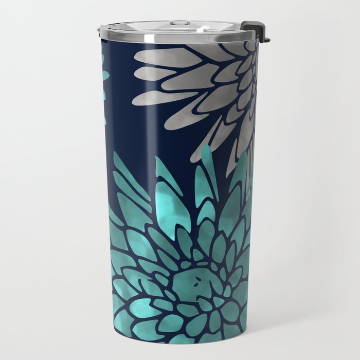 Floral Chrysanthemum Modern Navy Aqua Travel Mug Gallery Image 2
