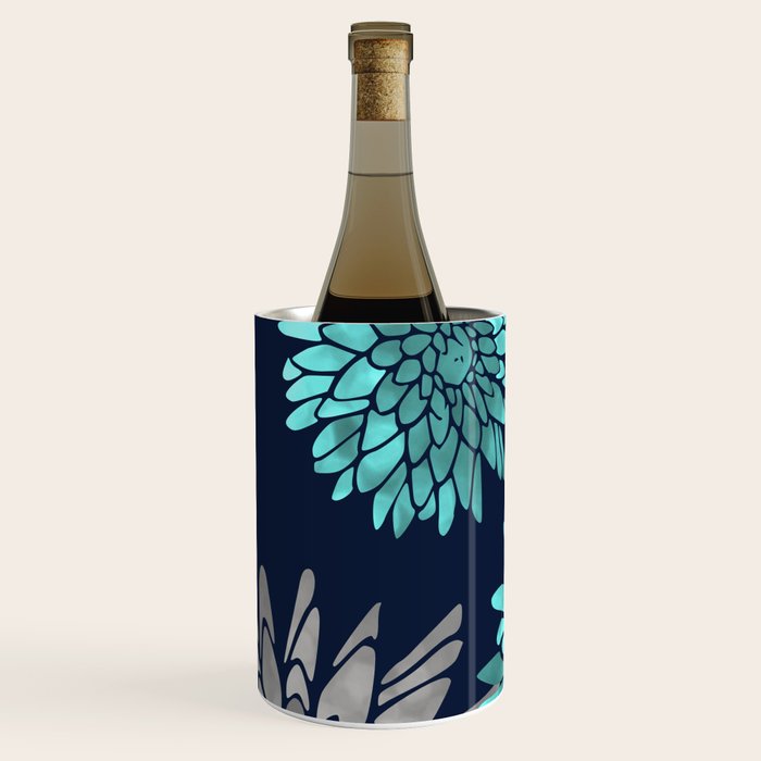 Floral Chrysanthemum Modern Navy Aqua Wine Chiller Gallery Image 2