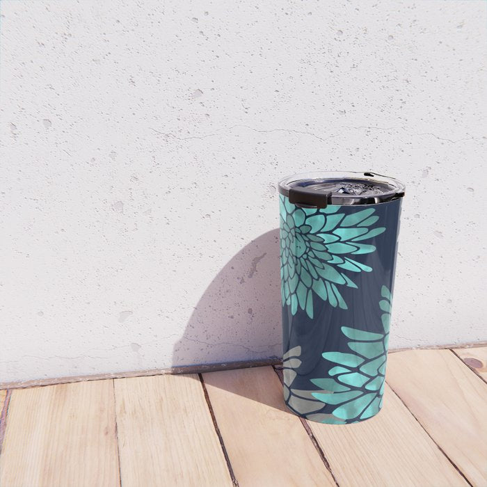Floral Chrysanthemum Modern Navy Aqua Travel Mug Gallery Image 4